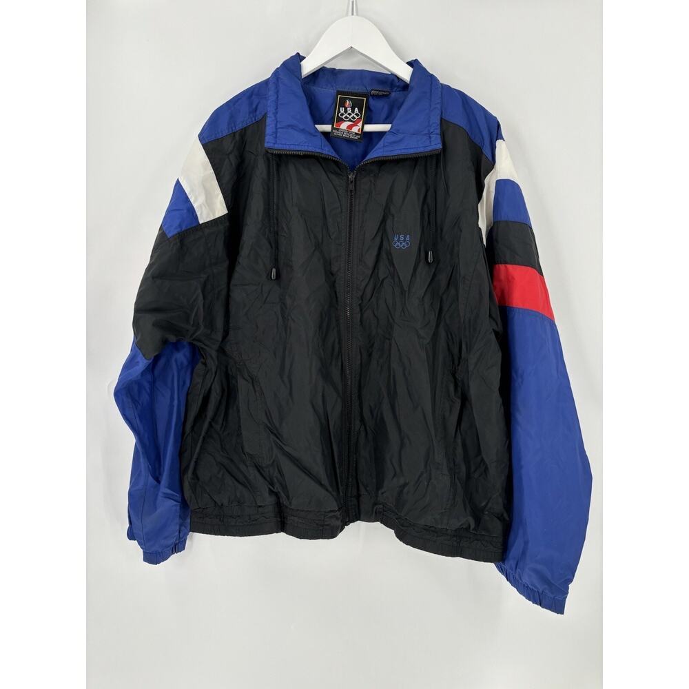 Vintage Olympic Jacket Mens XL Black Blue Windbreaker Athletic Full Zip Lined